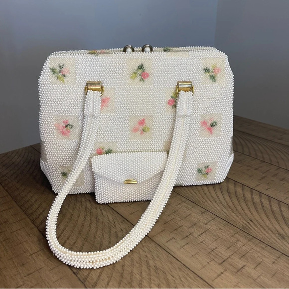 Vintage 1950’s Lumured Floral beaded handbag with Mirror Clutch shoulder purse - Picture 4 of 16